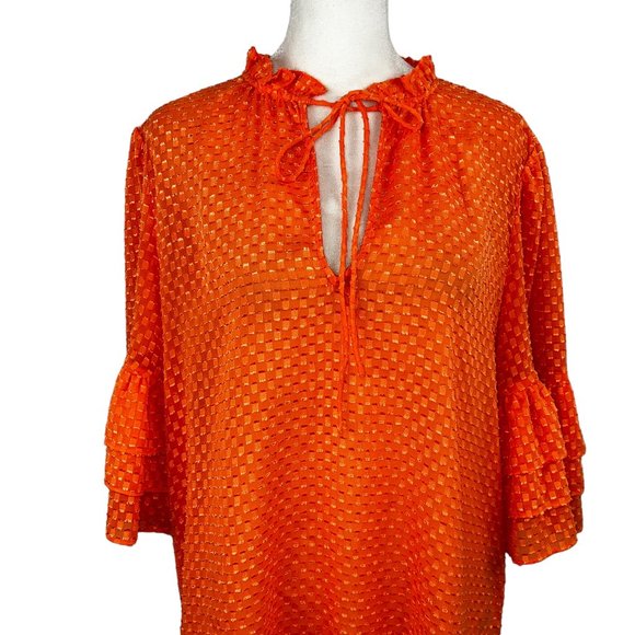 Like new! Alice + Olivia Orange Sheer Ruffled Sleeve Blouse Top Size Med… - Picture 8 of 12
